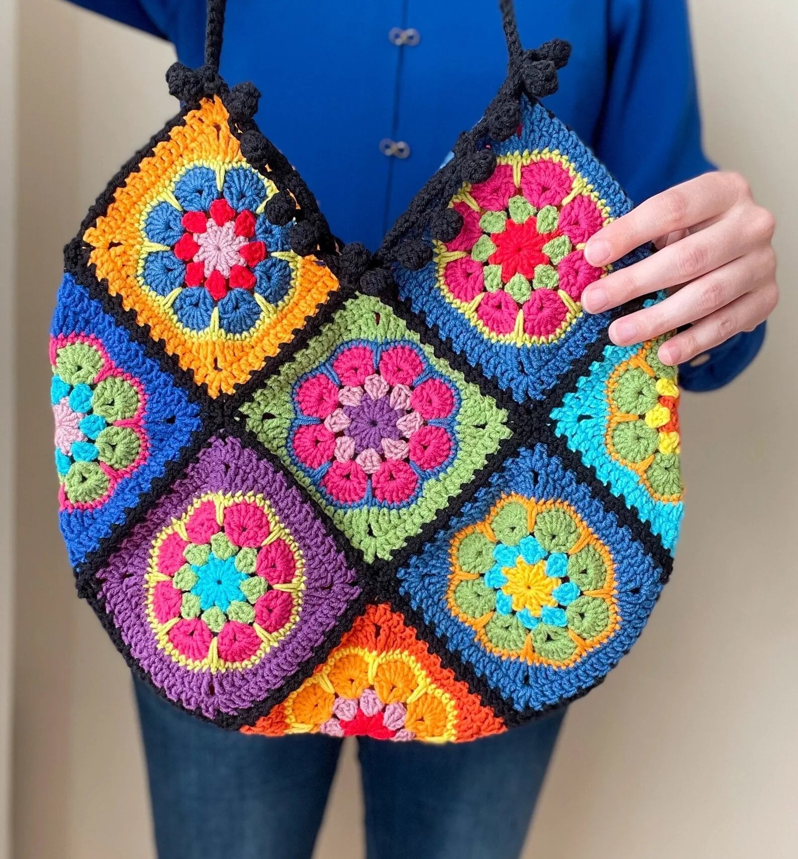 

Colorful Sunflower Crochet Bag Rainbow Chic Cute Purse Black/Pink Boho Granny Square Patchwork Handbag Vintage Style