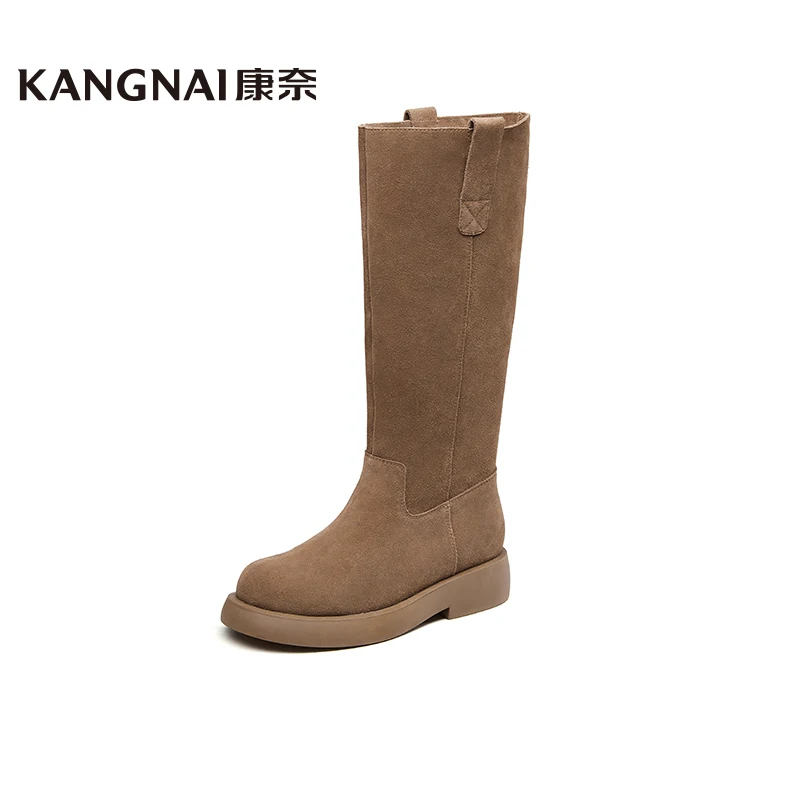 

Женские сапоги до колена Kangnai, длинные сапоги из коровьей замши, модная женская обувь на плоской подошве без застежек, сапоги для верховой езды