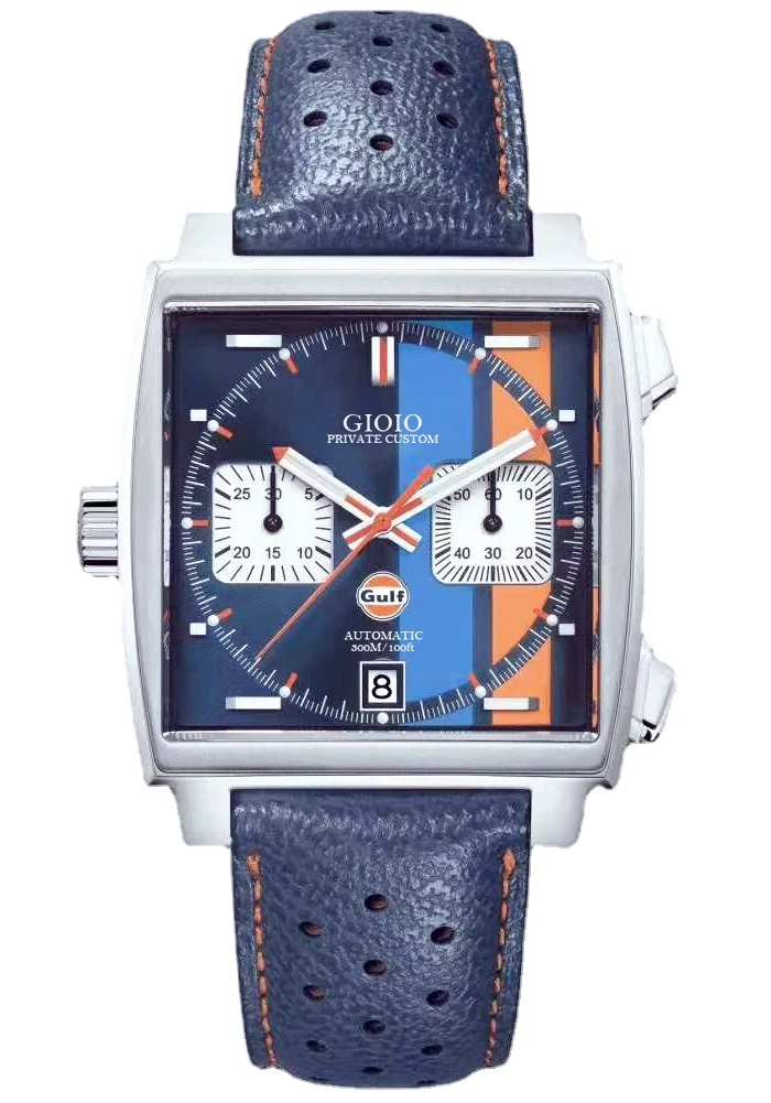 

men quartz Chronograph watch Black Blue Leather Gulf