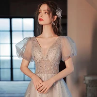new arrival gray prom dress v neck lace puff sleeve bandage banquet performance host bridal wedding evening gown robes de soir%c3%a9e