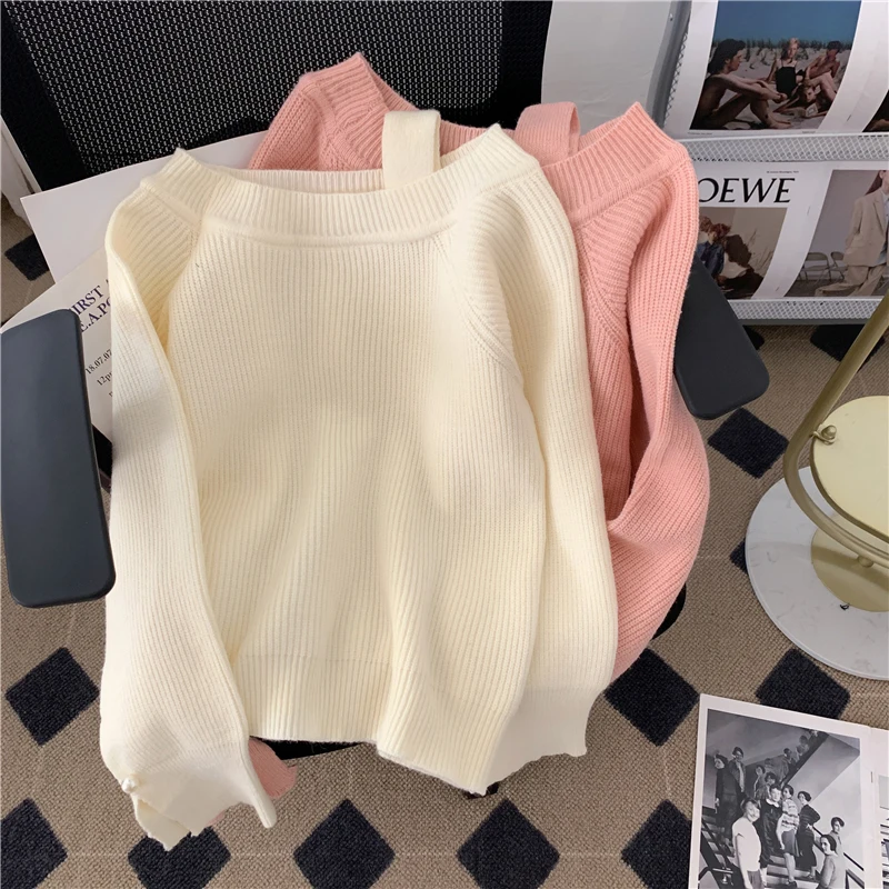 

Off Shoulder Sweaters Women White Knitted Pullovers Sweet Korean Pink Knitwear Autumn Winter Simple Loose Casual Jumpers New