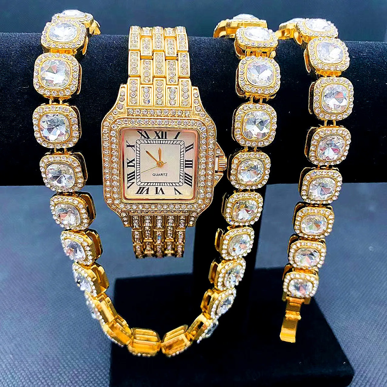 Luxury Iced Out Watches for Women Square Gold Watch Sliver Link Chains Bracelet Necklace Bling Jewelry Women Watch Set Relojes