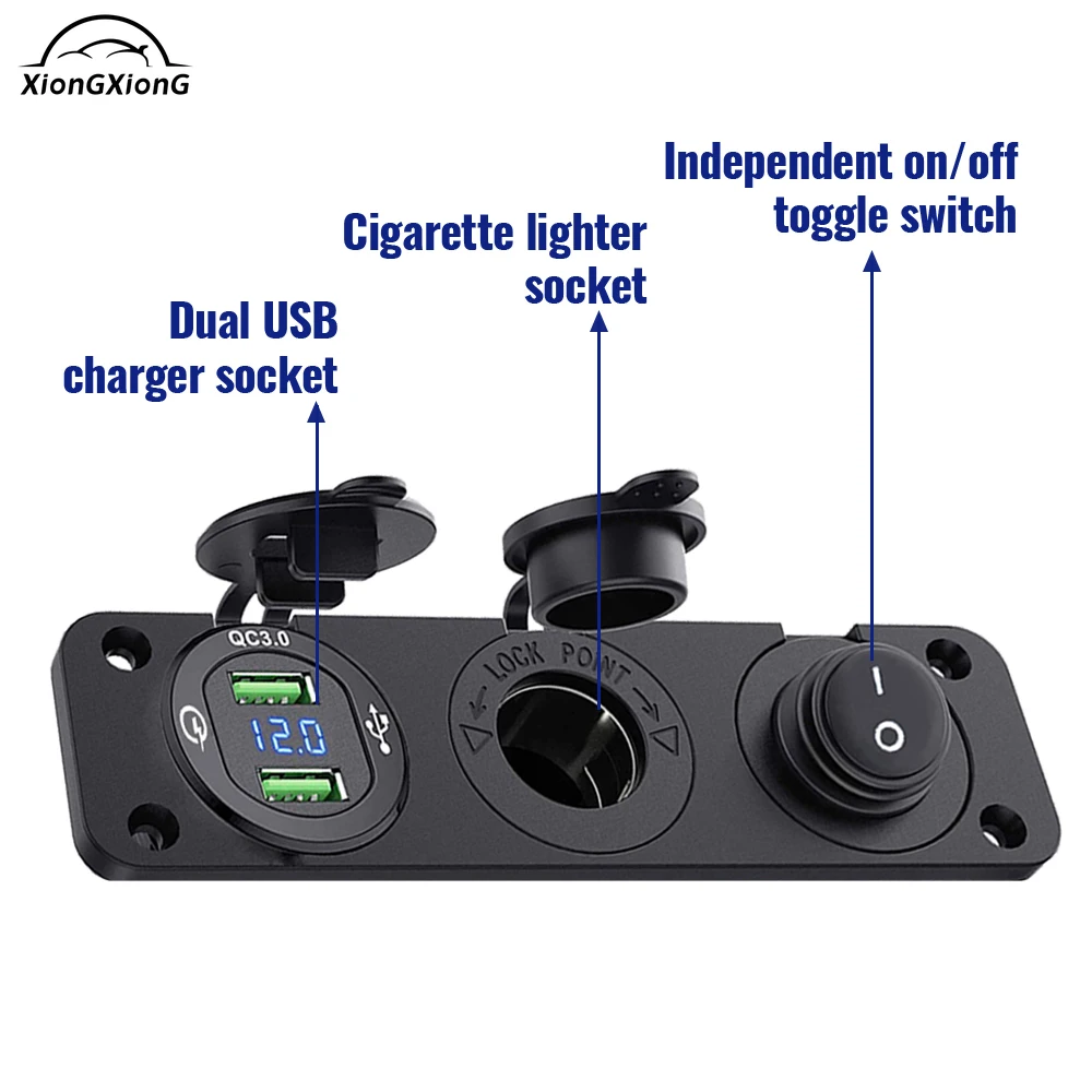 

3 Holes Panel 12V Waterproof Cigarette Lighter Socket Power QC3.0 Dual USB Outlet Kit for Car Boat ATV RV Truck