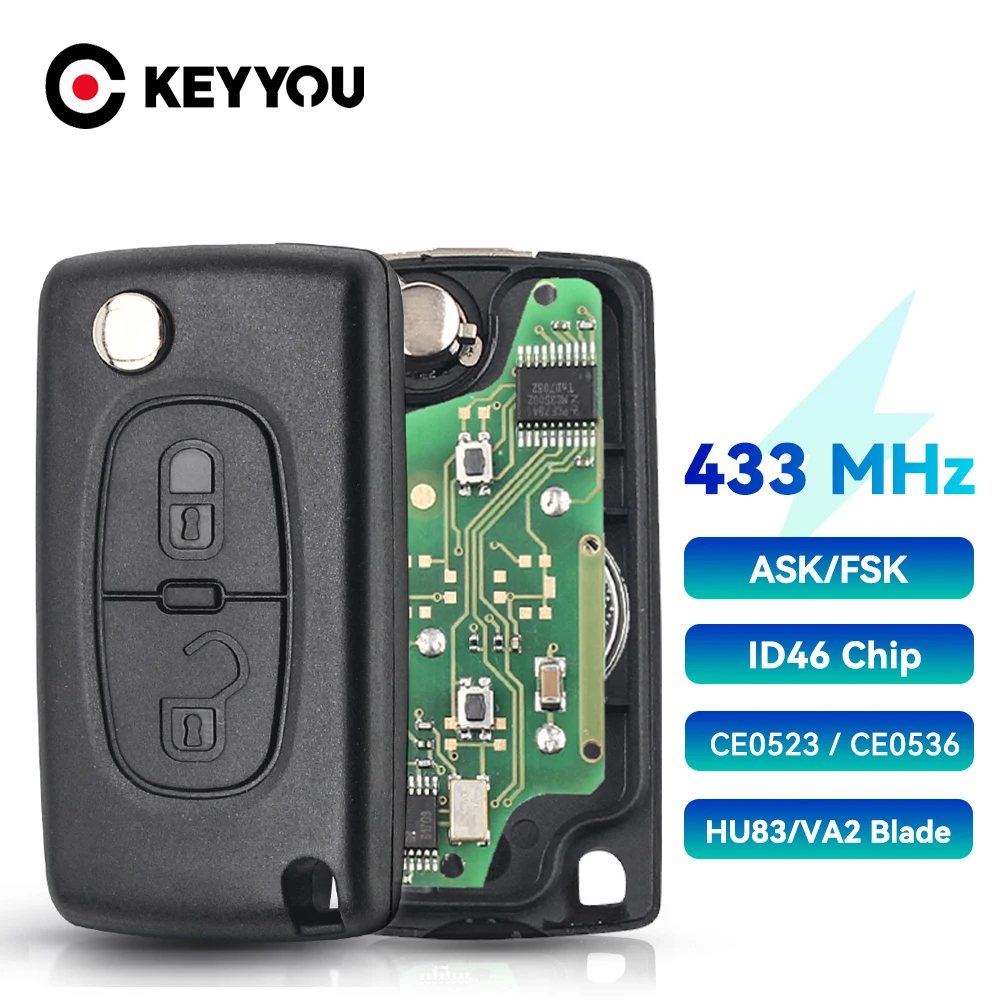 Ключ автомобильный KEYYOU для Citroen C2/C3/C4/C5/C6/C8/Xsara Picasso/CE0523/Ce0536 VA2/HCA Blade 434 МГц ASK FSK, 2 кнопки