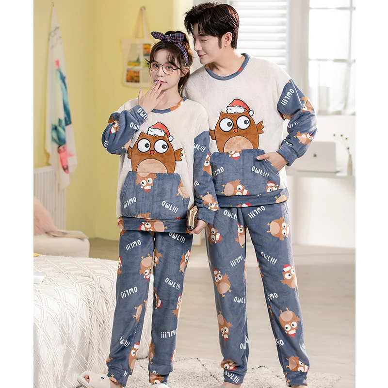 Flannel Plush Winter Couple Pajama Sets Long Sleeve O-Neck Pyjamas For Women Men Lovers Clothing Sweet Cartoon Coral Velvet Suit