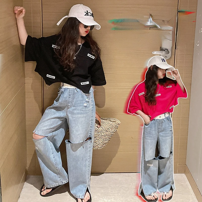 

Girls summer suit 2022 new style fashionable summer children's sports denim wide-leg pants two-piece set