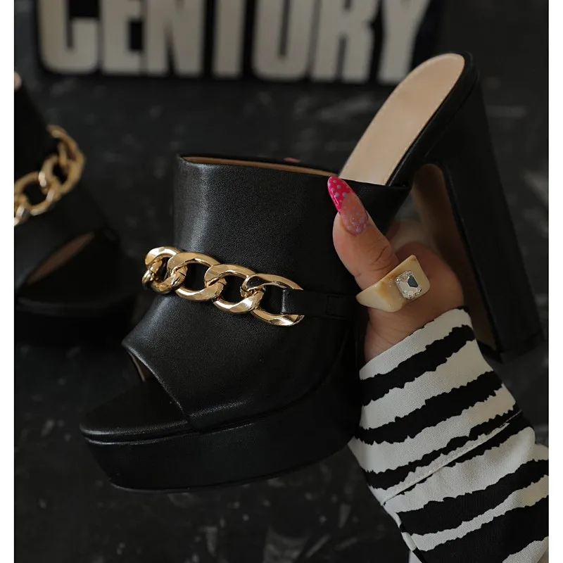 TGHDOF 2022 Summer Slippers New Sexy High Heels Platform Shoes Open Toe Chain European Party Shoes Women Slippers Large Size 43