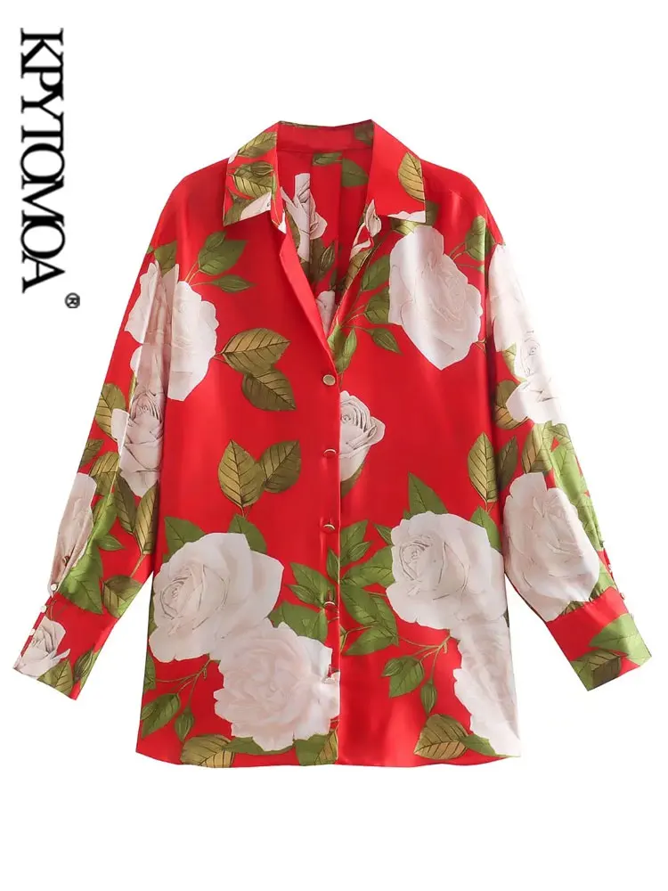

KPYTOMOA Women Fashion Floral Print Loose Shirts Vintage Long Sleeve Side Vents Female Blouses Blusas Chic Tops