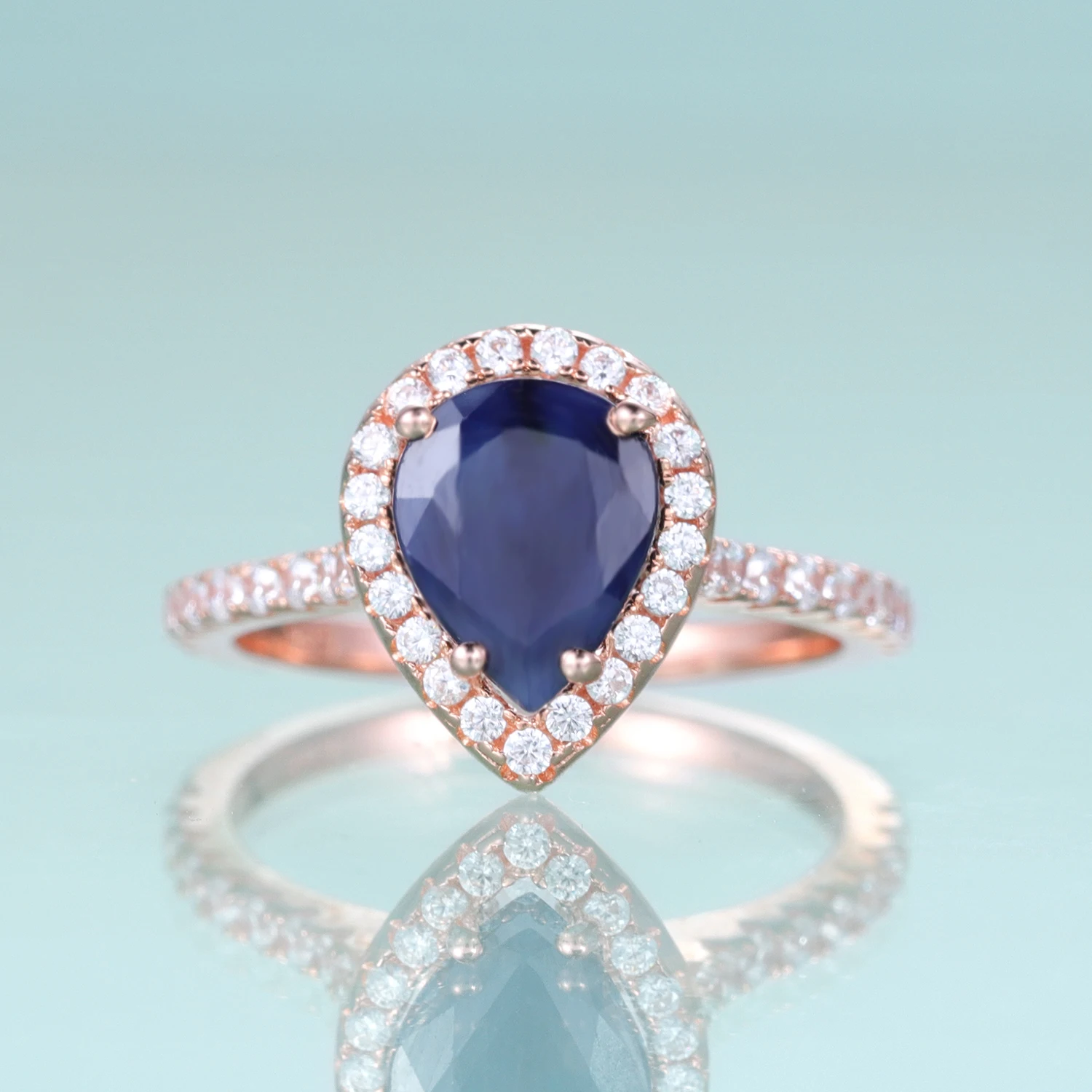 

GEM'S BALLET 925 Sterling Silver Gemstone Ring Pear Shape Blue Sapphire Halo Engagement Rings September Birthstone Gift For Her
