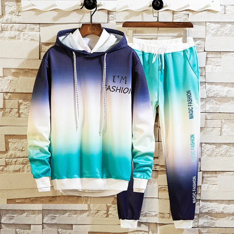 

Long Sleeve Men's Korean-Style Trendy Handsome Hooded Sweater Gradient Color Loose Top Two-Piece Set