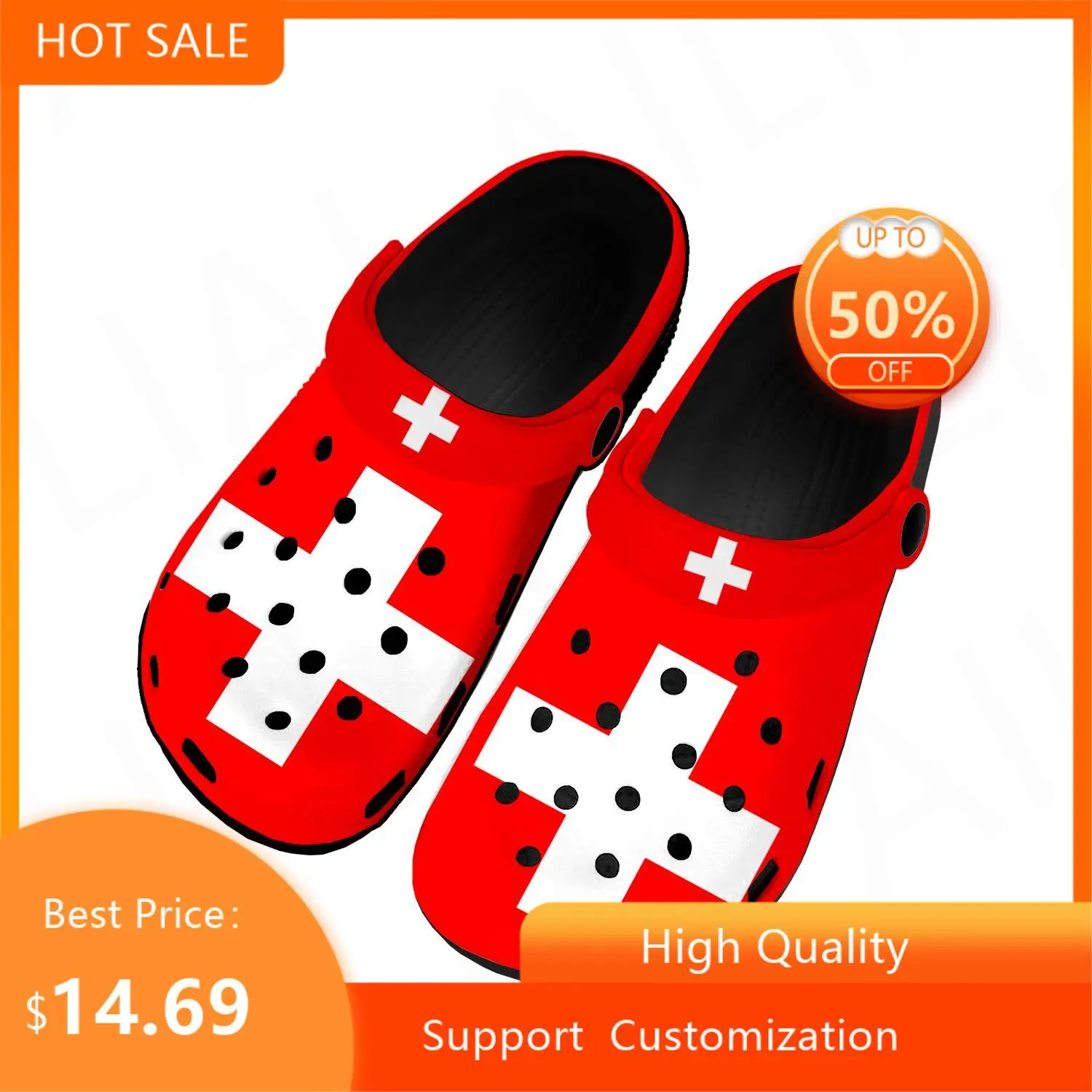 

Домашние сабо с швейцарским флагом, индивидуальная обувь для воды для мужчин и женщин, швейцарская обувь для подростков, дышащие пляжные тапочки с отверстиями