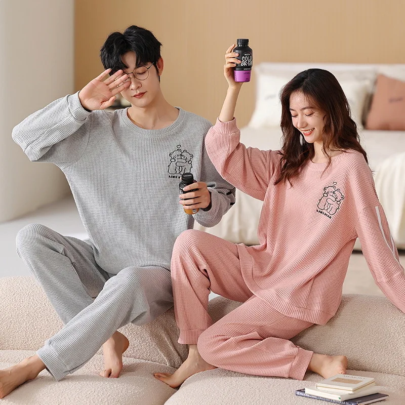 Cotton Sleepwear For Couples Korean Fashion Men Pijamas Women Pajamas Set Long Sleep Tops Pant Nightwear Pjs pareja hombre y muj