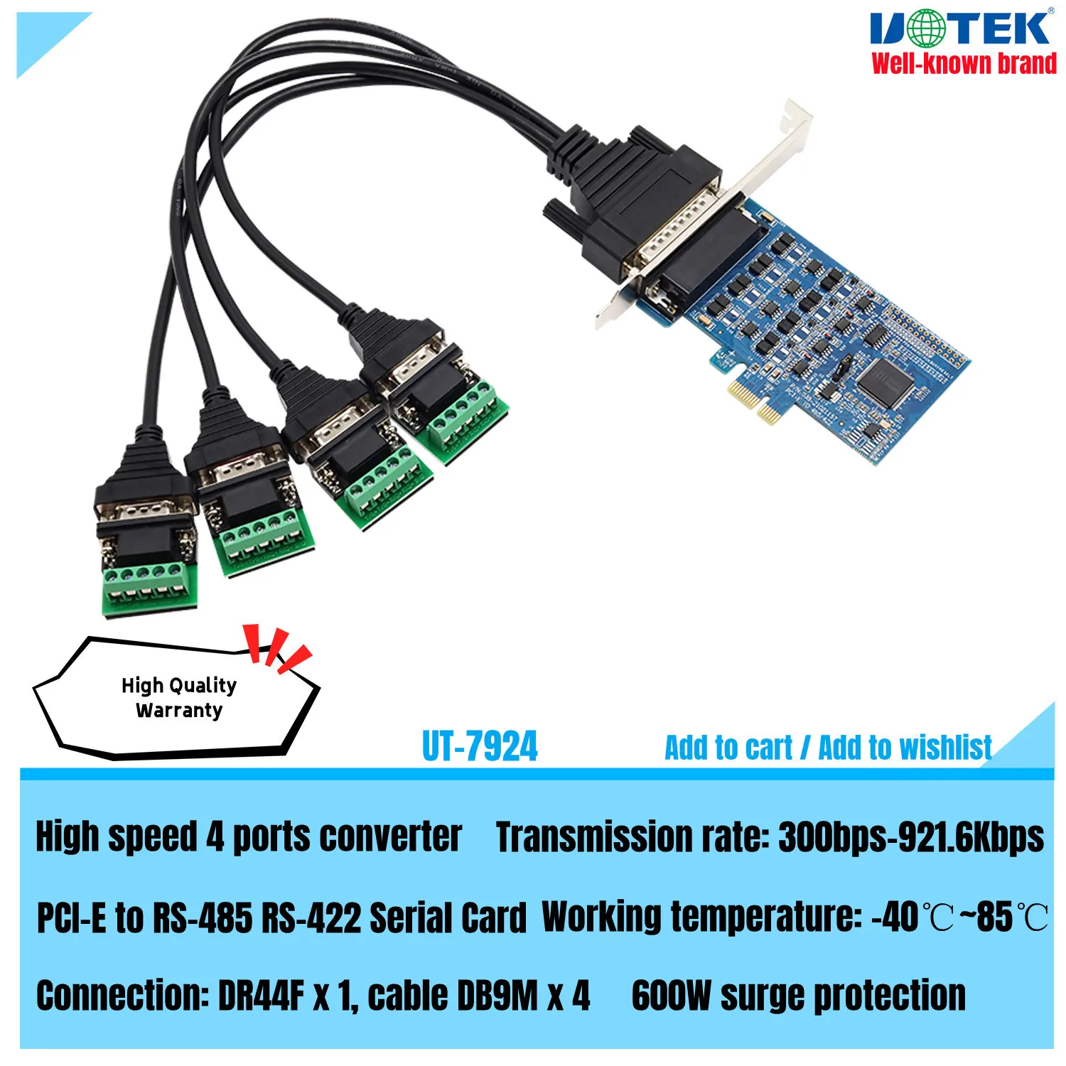 

UOTEK PCI-E to RS-485 RS-422 High Speed Serial Card 4 Ports DB9 RS422 R485 PCI Express PCIE Converter Surge Protection UT-7924
