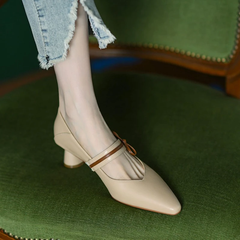 

NEW Spring/Summer Women Shoes Pointed Toe Round Heel Shoes Women Split Leather Bow-Knot High Heels Women Pumps Solid Beige Shoes