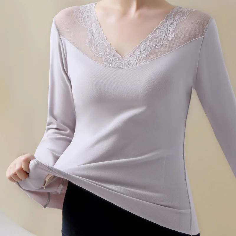 Sexy Lace Women's Thermal Underwear With Bra Winter Thermo Lingerie V Neck Slimming Warm Bottoming Top Warm Undershirt Intimate