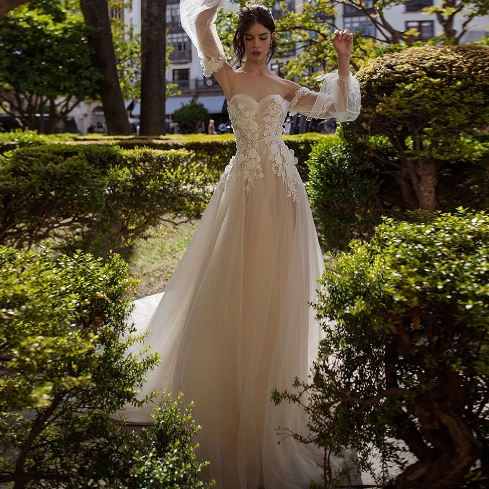 

Sweetheart Tulle A-Line Wedding Dresses for Princess Court Train Full Sleeve Illusion Backless Bridal Gowns Vestido De Novia