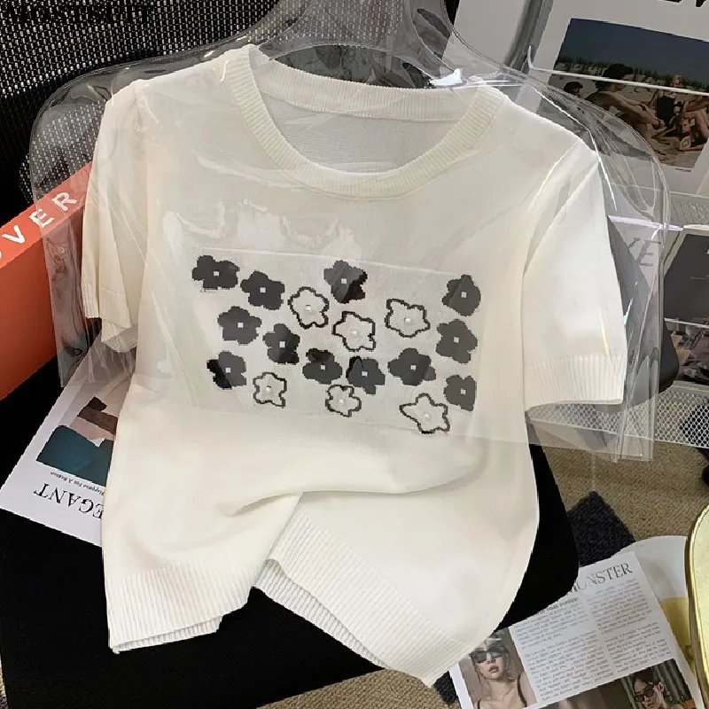 

Floral Jacquard Beaded Knit T-shirt Sweater Women 2022 Summer Casual Loose Fashion Chic Tees Pullover Short Sleeve Ice Silk Tops