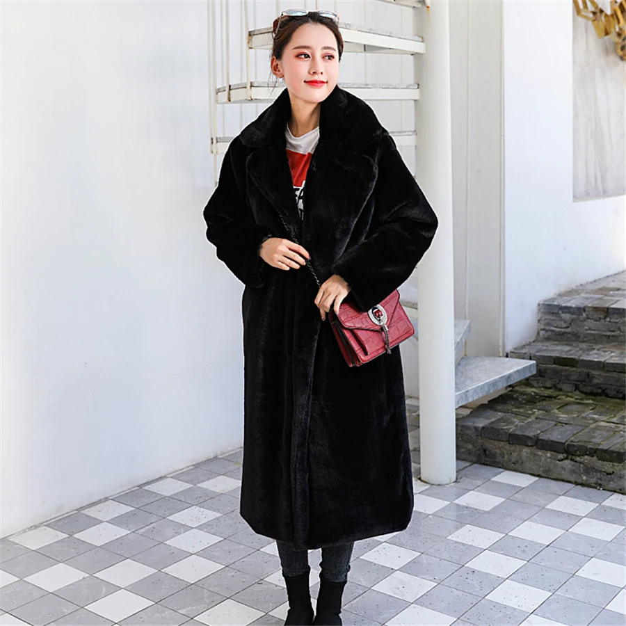 Winter Faux Mink Rabbit Fur Long Coat Women Without Belted Warm Thicken Overcoat Soft Plush Outwear Luxury Jackets Korean Top