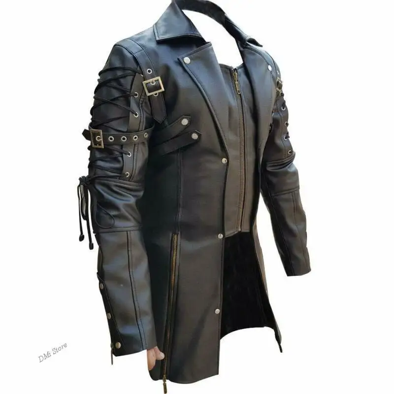 

DIMI Men's Trend Casual Steampunk Gothicgothic Trench Leather Maroon Black Coat Solid Color Motorcycle EU Size Jacket