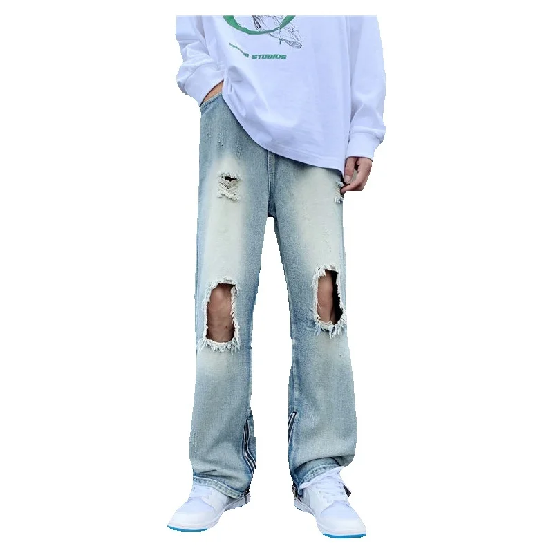 Summer Blue Baggy Jeans Men Fashion Casual Hole Straight Jeans Men Streetwear Hip Hop Loose Wide Leg Denim Pants Mens Trousers