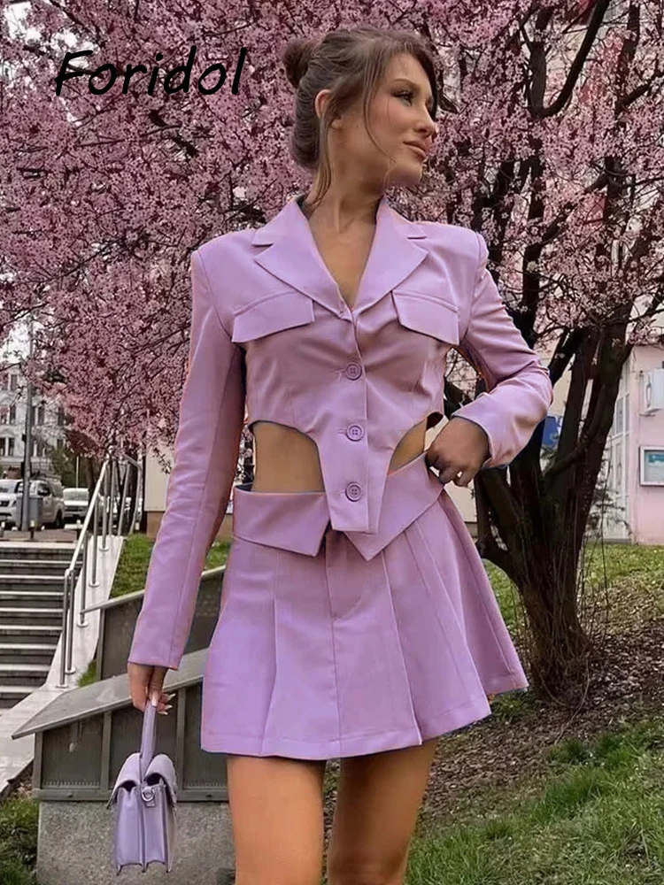 

Waist Hollow Out High Fashion Blazer Dress Women Two Pieces Top Skirt Suits Ladies Chic A-line Dress Sets Autumn Winter 2023