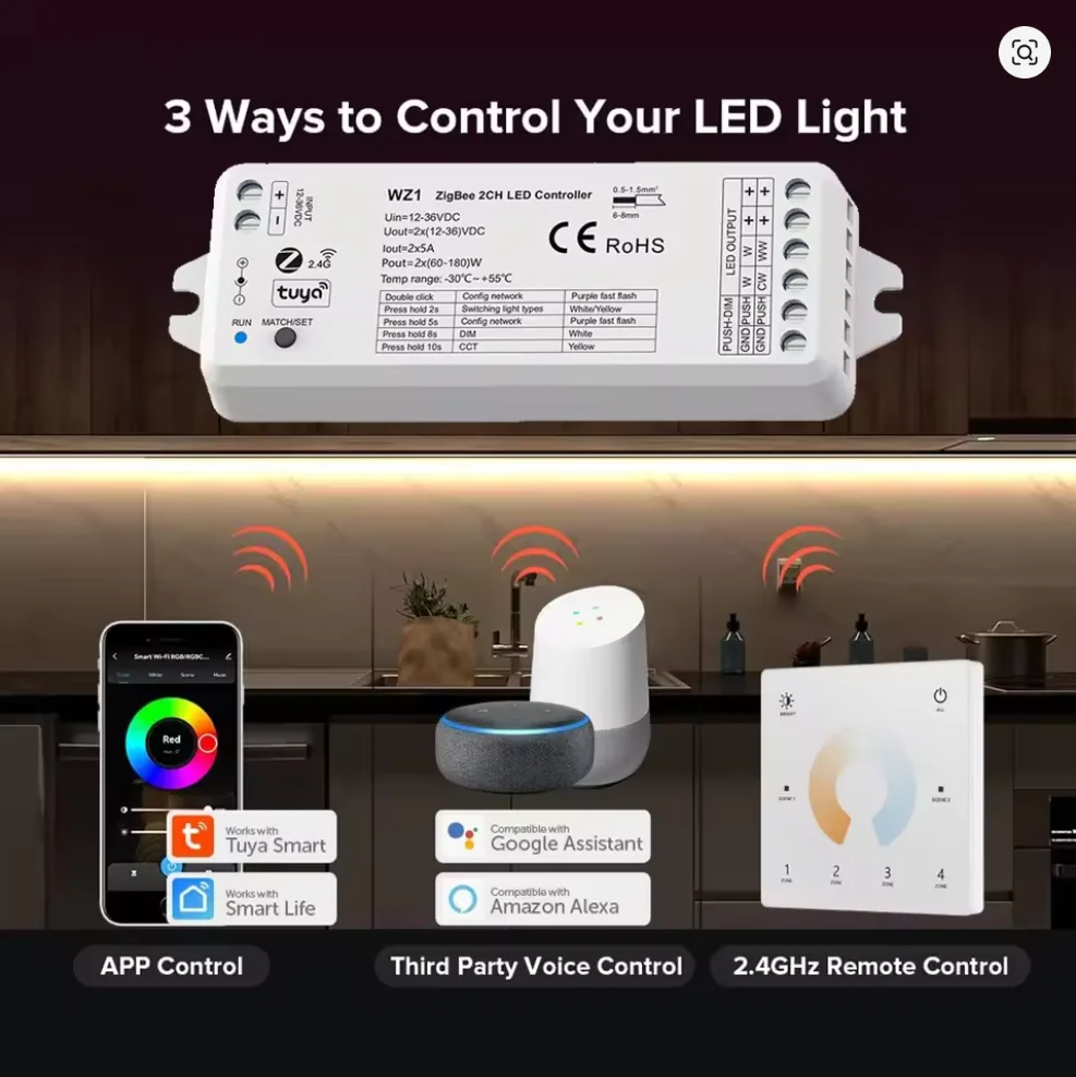 Фото Контроллер LED-лент WT5 Tuya TW5-4 RGBCCT 10-в-1 с Wi-Fi 5, диммер DC12-24V, для лент CCT RGB RGBW, стеклянная сенсорная панель, 2.4G RF №5