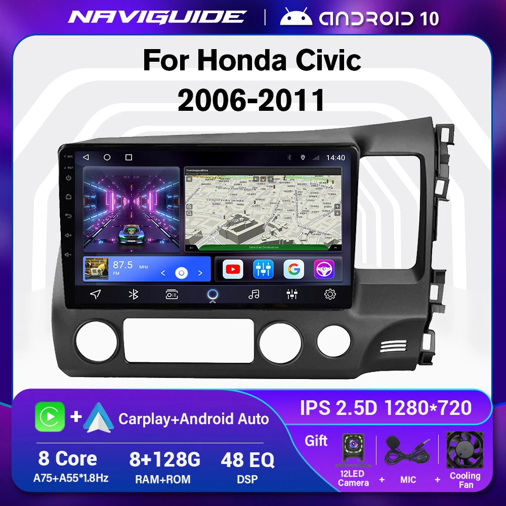 NAVIGUIDE 2 Din Auto Android Car Radio For Honda CIVIC 2006-2011 RHD LHD GPS Navigation Video Multimedia Player DSP No DVD 10''