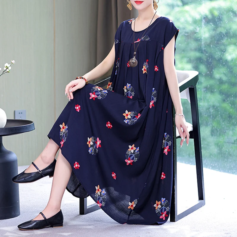 

New Hot Arrival Casual 2023 Summer Dress Vestido Slim Print Loose O-Neck Cotton Women Clothing Dresses Plus Size