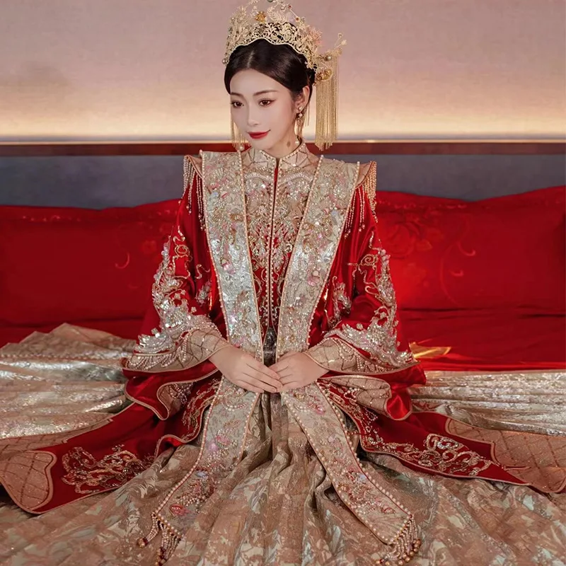 Elegant Luxury XiuHe Dress Chinese Wedding Suit Embroidered Cheongsam HanFu Bride Costume High-end Vintage Women Gown