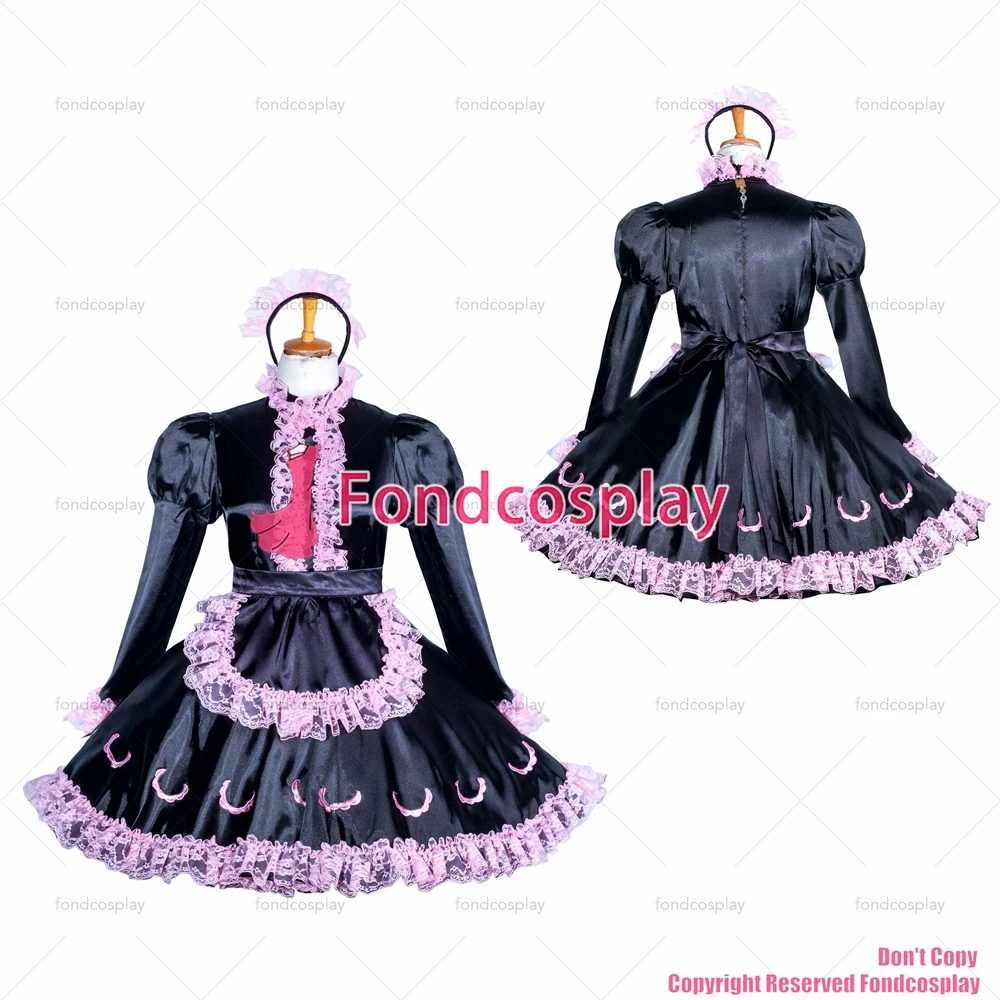

tailor-made sexy adult dressing cross maid sissy short lockable black satin lace dress apron tailor -made[g3861]
