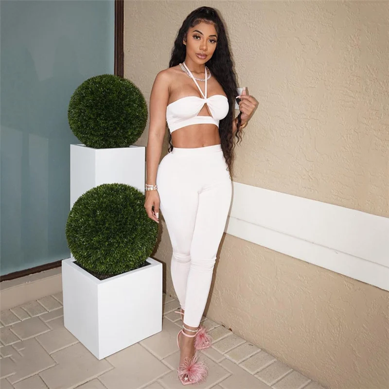 

Y-L Solid Two Piece Set Women Sexy Wrapped Chest Halter Lace Up Skinny Tank Tops+High Waist Sporty Sheath Pants Female Outfits