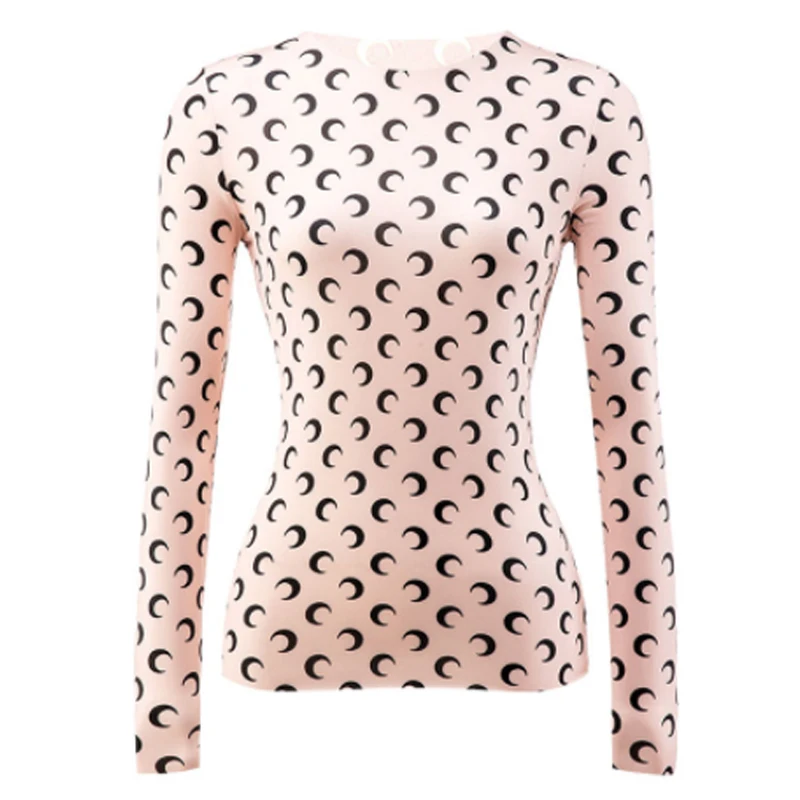 

Женский облегающий топ с круглым вырезом, однотонная Повседневная футболка с длинным рукавом и принтом Полумесяца из вискозы