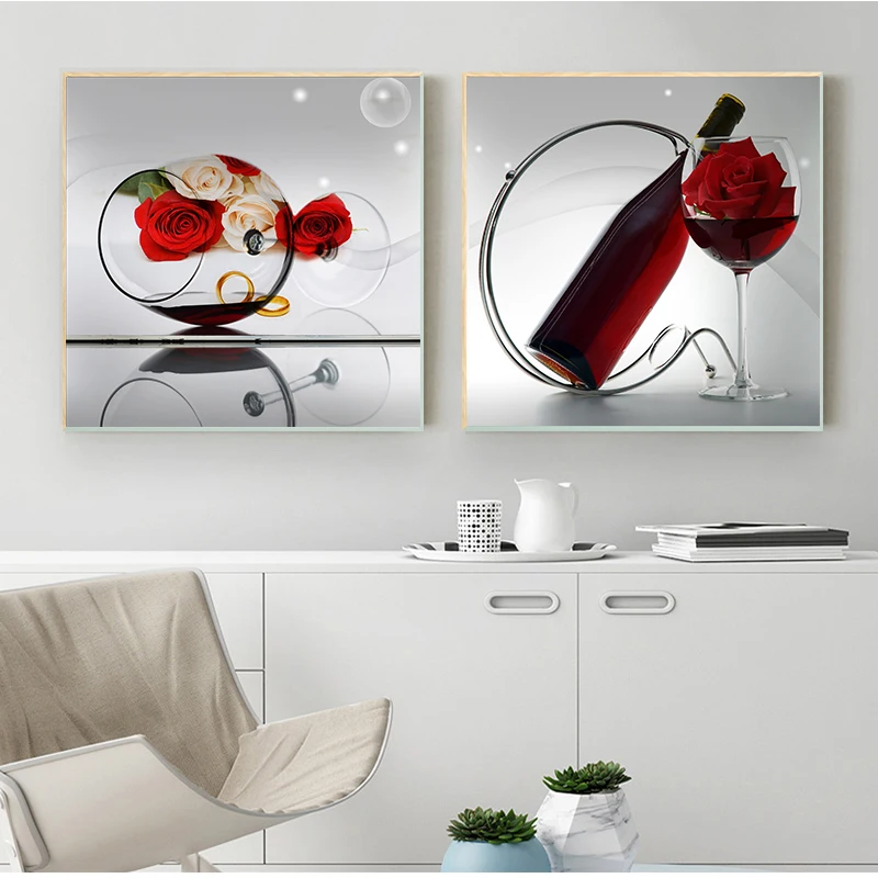 3-częściowa romantyczna kuchnia Czerwone wino Róża Nordic Plakaty ścienne Obrazy na płótnie Home Decor HD Dekoracje do jadalni
