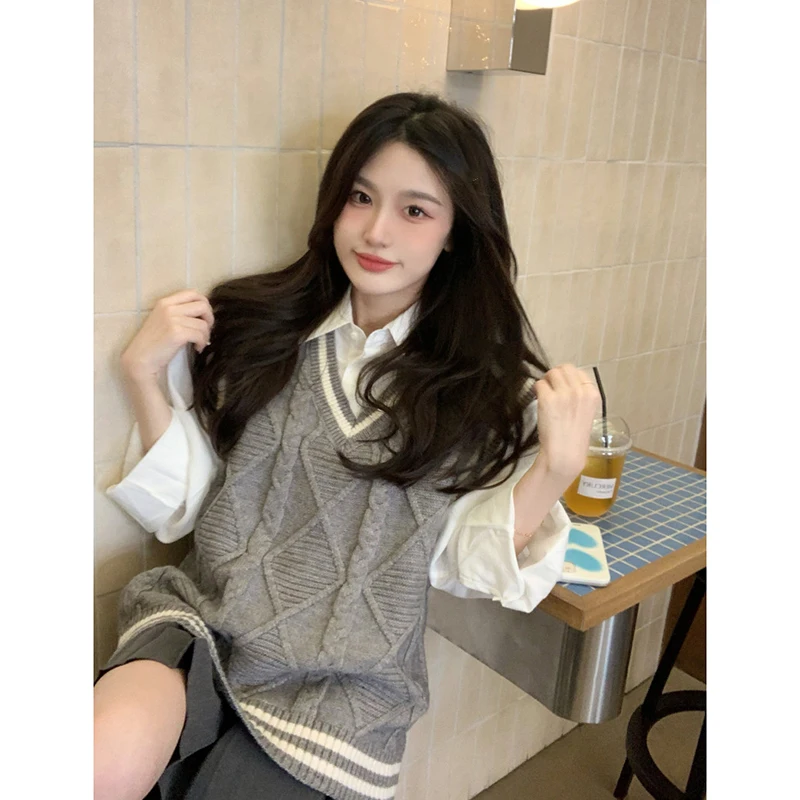 

GY1356 College style V-neck knitted vest suit Autumn and winter 2022 new style shirt fashion suit