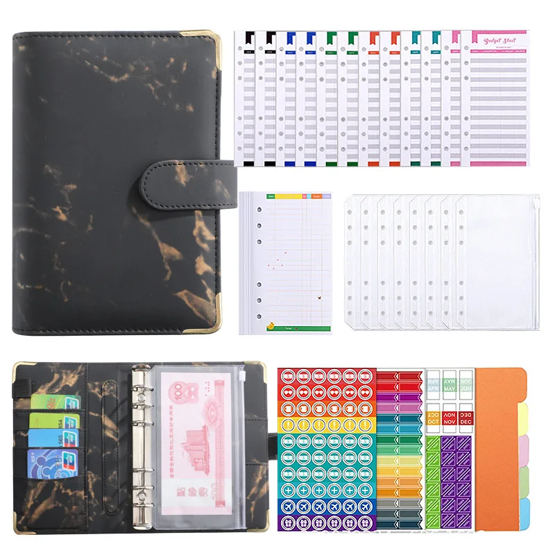 

A6 Leather Notebook Binder Budget Planner Organizer 6 Ring Binder Cover 6 Binder Pockets and 12 PiecesBudget Sheets