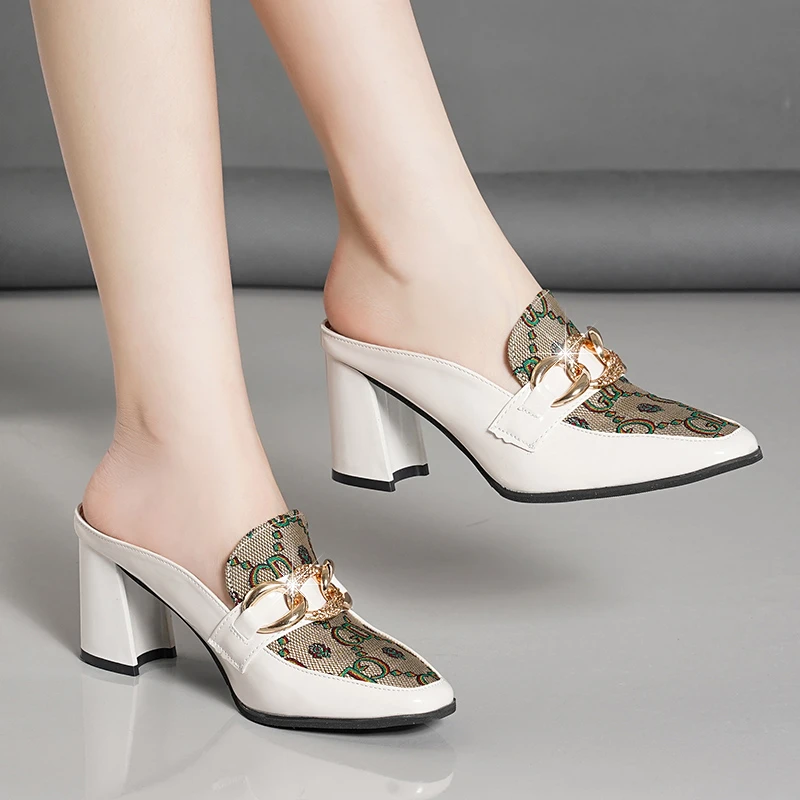 

No open-toe slippers outdoor thick high-heeled mules women's fashion sandals 2022 spring chain leather shoes black temperament