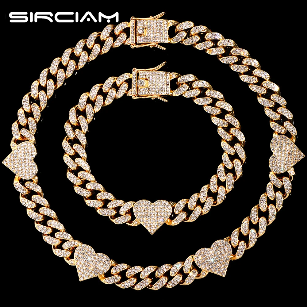 

Iced Out Bling 13MM Miami Cuban Link Necklace Bracelet Set For Women Men Micro Pave Heart Cuban Link Chain Hip Hop Jewelry Gifts