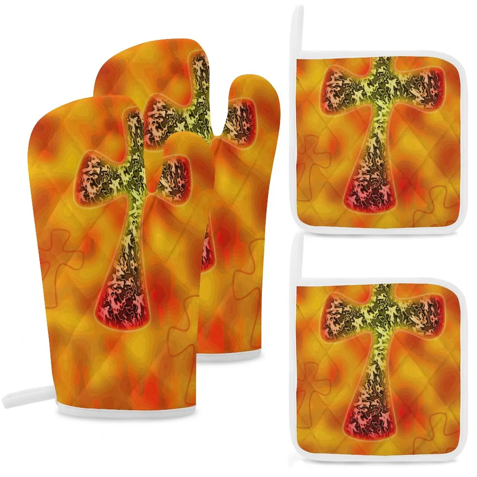 

Варежки для духовки и подставки для кастрюль, коврики, термостойкие варежки для духовки для приготовления выпечки, гриля, набор из 4 предметов, желтый фон, крест