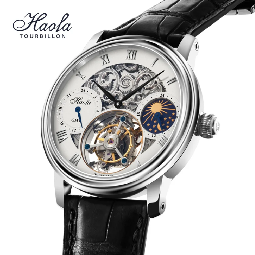 

HAOFA Skeleton GMT Tourbillon Movement Wrist Watch For Men Luxury Brand Moon Mechanical Sapphire Watches Mens 2021 orologio uomo