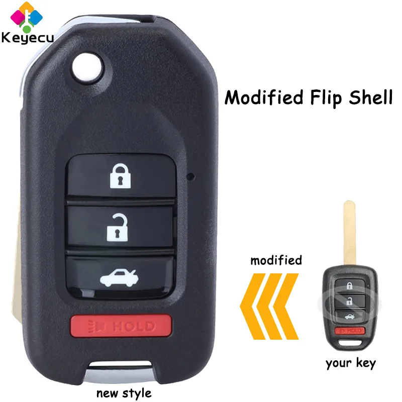 

KEYECU Modified Flip Remote Car Key Shell Case Cover With 4 Buttons HON66 Blade for Honda Civic CR-V Accord HR-V LX 2013-2019