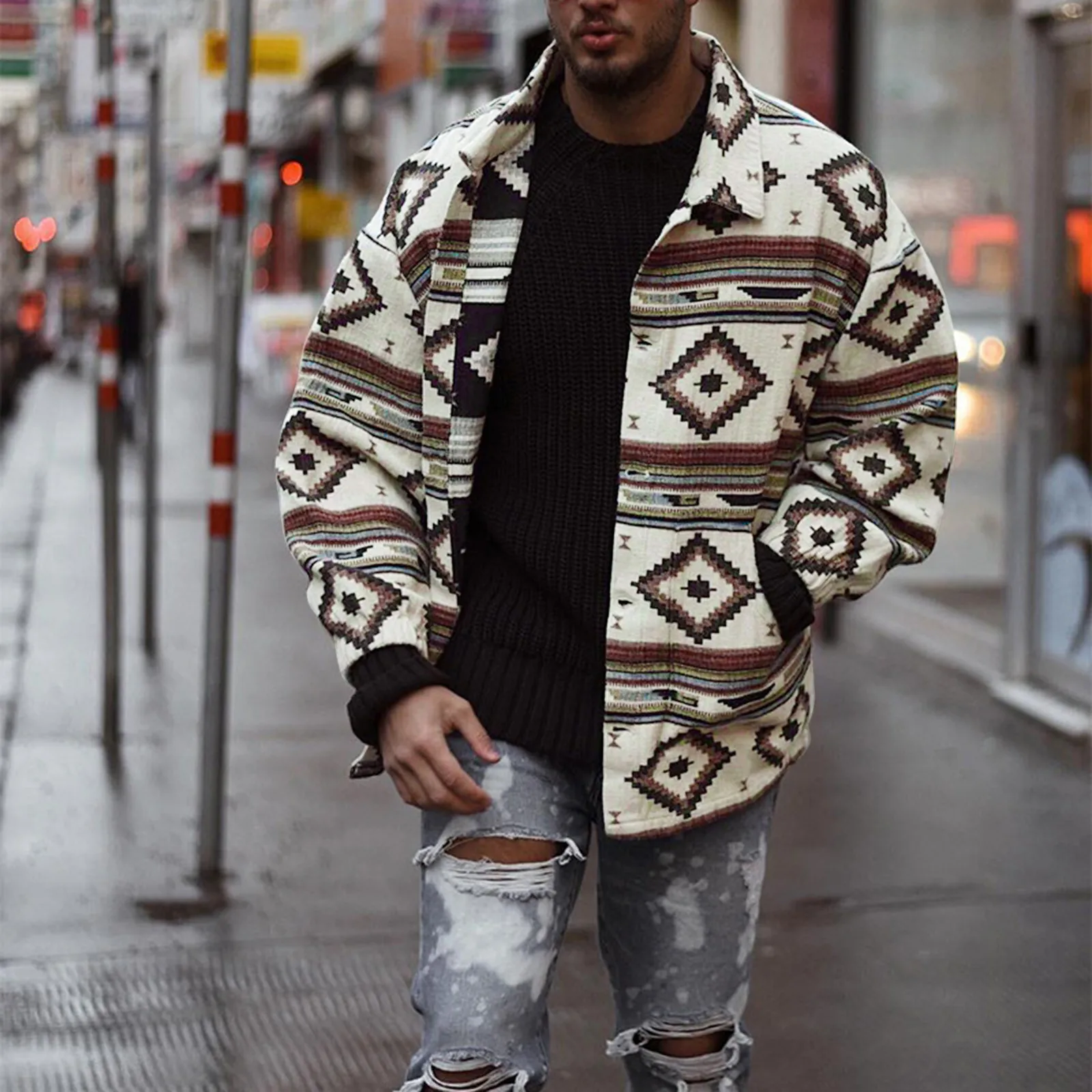 

Мужское шерстяное пальто на пуговицах с отложным воротником и рукавами