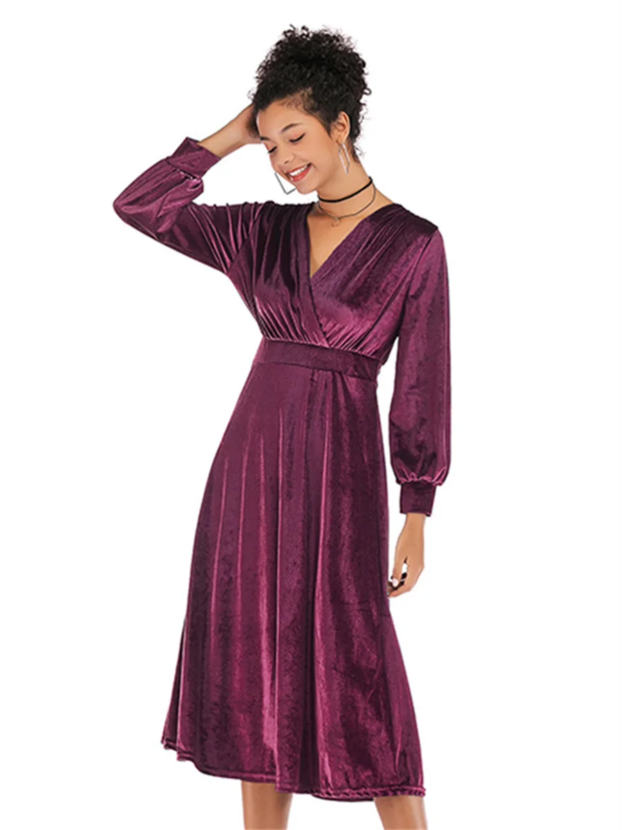 

Женское весенне-осеннее стильное платье, женское повседневное бархатное платье с длинным рукавом и V-образным вырезом SS3978