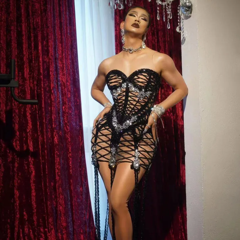 Блестящее женское платье с Черными Блестками сексуальное модное вечернее на