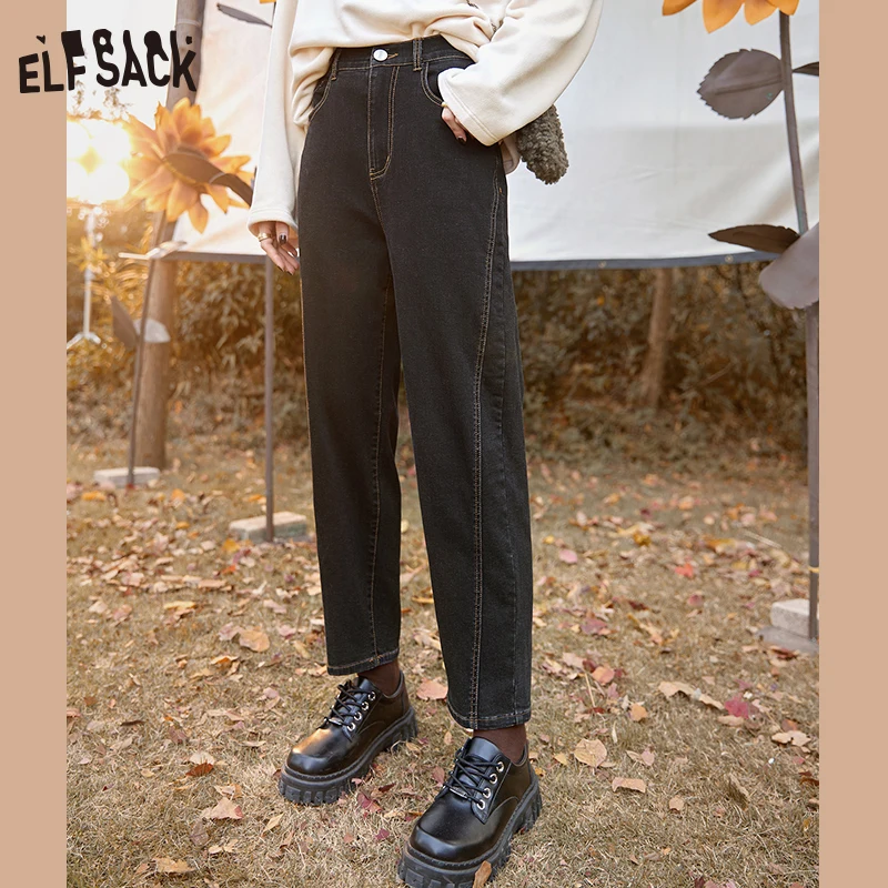 ELFSACK Black Straight Casual Jeans Women 2022 Autumn High Waist Daily Trousers