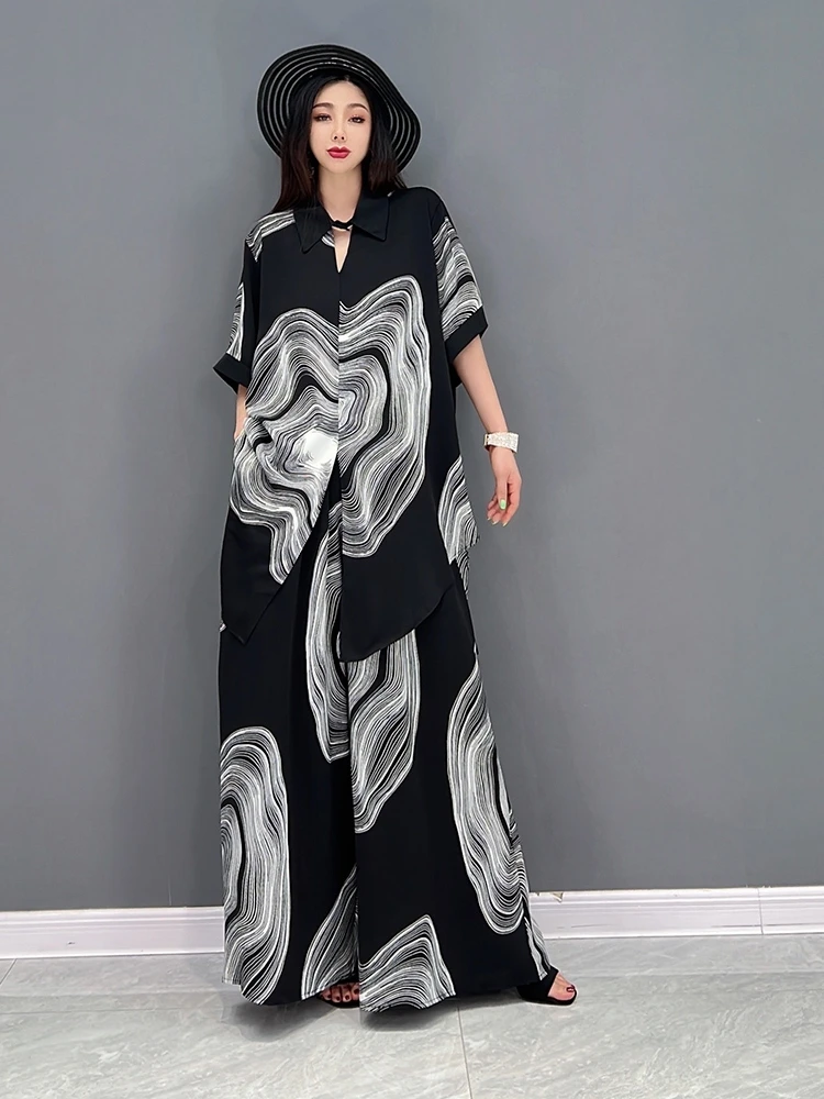 

EVLOOKS Europe Station 2022 Autumn New Fashion Suit Chiffon Shirt Wide Leg Pants Casual Two Large