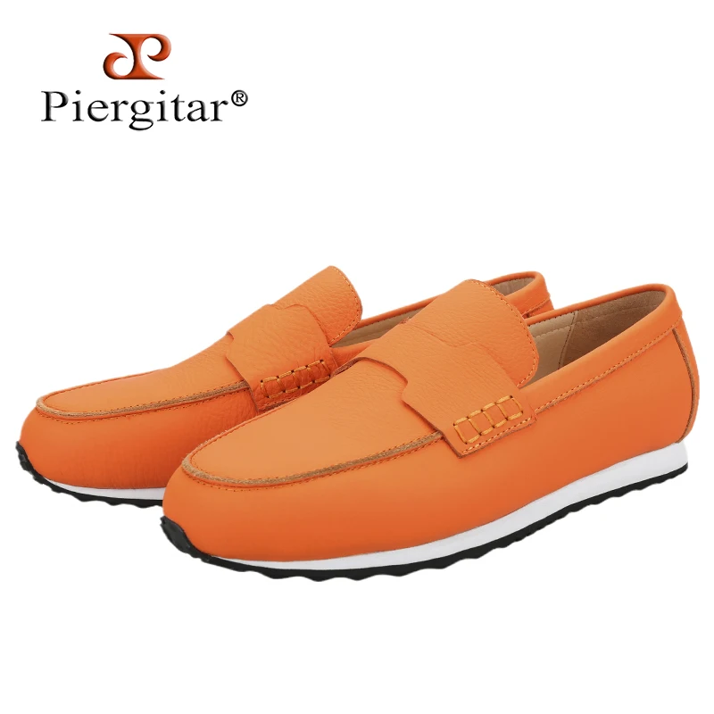 

Piergitar Orange Calf Leather Men Penny Loafers Luxury Brands The Same Style Handmade Sneakers With Panda Colors Rubber Outsole