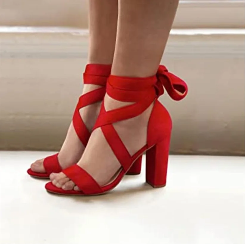 

Lace-up sandals women's spring and summer new high-heeled hollow-out toothy thick-heeled sandals