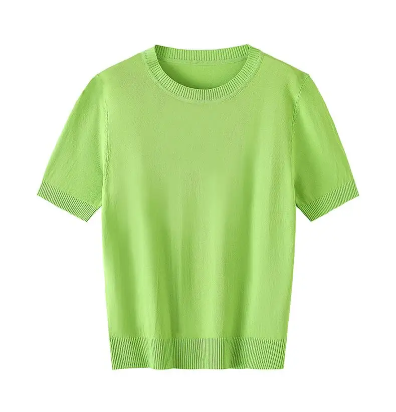 

O Neck White Top Summer Casual T Shirt Women Luxury Brand Basic Pure Color Ice Silk Knitted Bottoming Short Sleeve