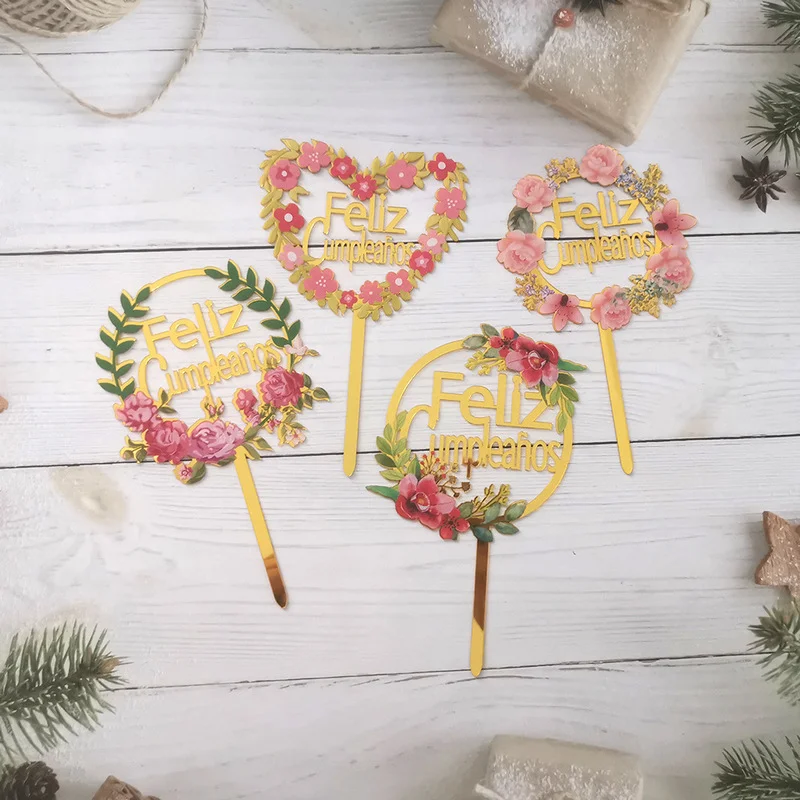 

Flowers Spanish Feliz Cumpleanos Cake Topper Acrylic Gold Happy Birthday Cake Topper for Birthday Party Dessert Cake Decorations