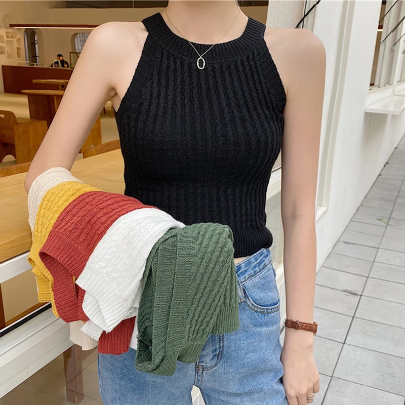 

Halter Neck Camisole Women's Short All-match Outer Wear Knitted Bottoming Off-shoulder College Style Sleeveless Top